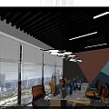 Modern Public Office Space Interior With Geometric Wall Workstations And Pendant Lights 3d model