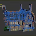 Cartoon Style Medieval House 3D Model With Red Brown Structure Black Roof And Arched Windows