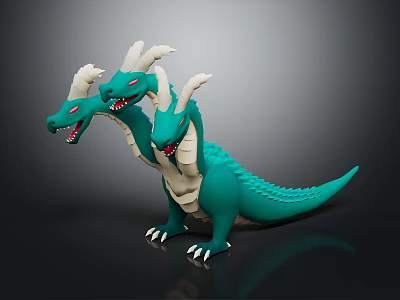 Three Headed Green Dragon Toy Figure With White Horns And Red Eyes 3d model