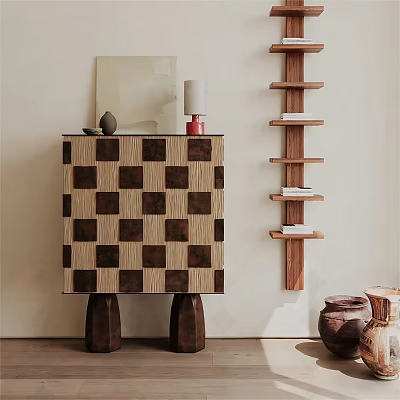 Modern Checkerboard Sideboard With Wooden Wall Shelf Table Lamp And Decorative Items 3d model
