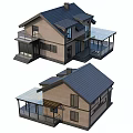 Modern Detached Villa With Wooden Exterior Large Windows Black Roof And Glass Railing Balcony