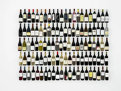 Variety of Stylish Wine Bottles and Glasses Neatly Arranged in Wall 3d model