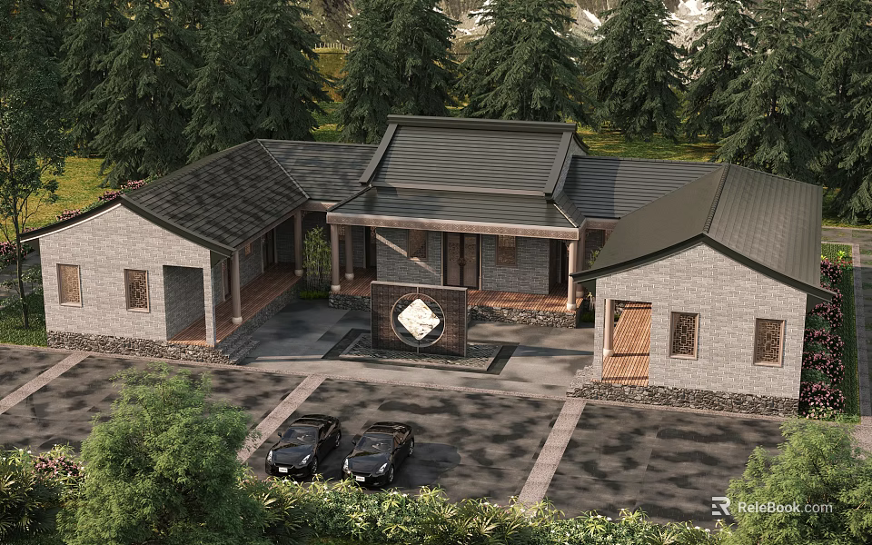 Traditional Chinese Ancient Architecture Courtyard View With Gray Brick Walls Traditional Roof And Parked Cars 3d model 