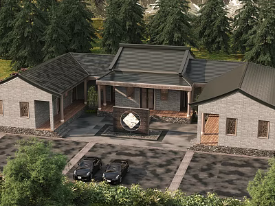 Traditional Chinese Ancient Architecture Courtyard View With Gray Brick Walls Traditional Roof And Parked Cars 3d model