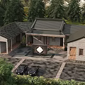 Traditional Chinese Ancient Architecture Courtyard View With Gray Brick Walls Traditional Roof And Parked Cars