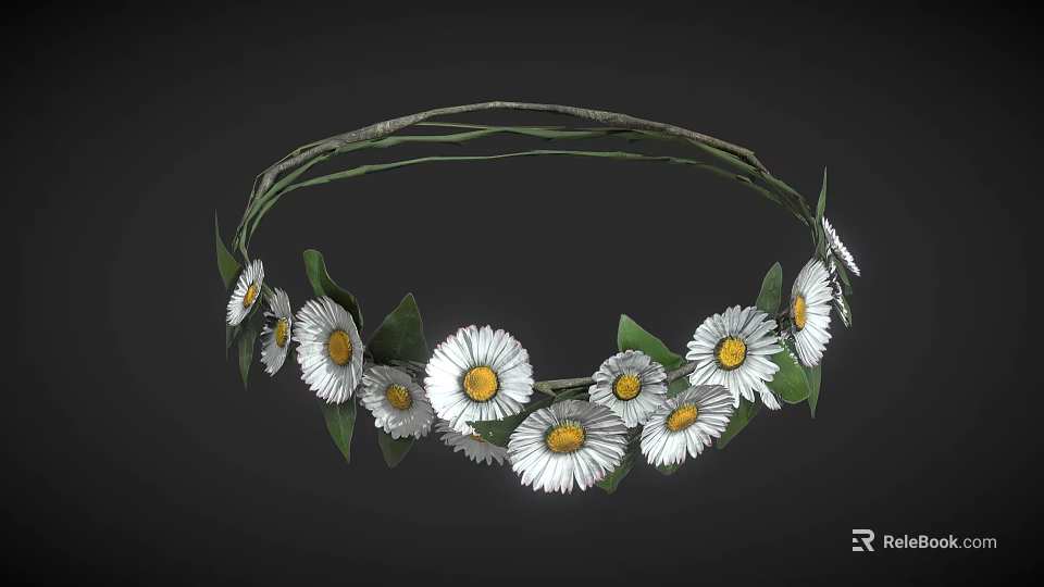 Braided Branch Wreath Adorned With White Daisies And Green Leaves 3d model 