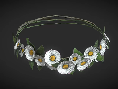 Braided Branch Wreath Adorned With White Daisies And Green Leaves 3d model