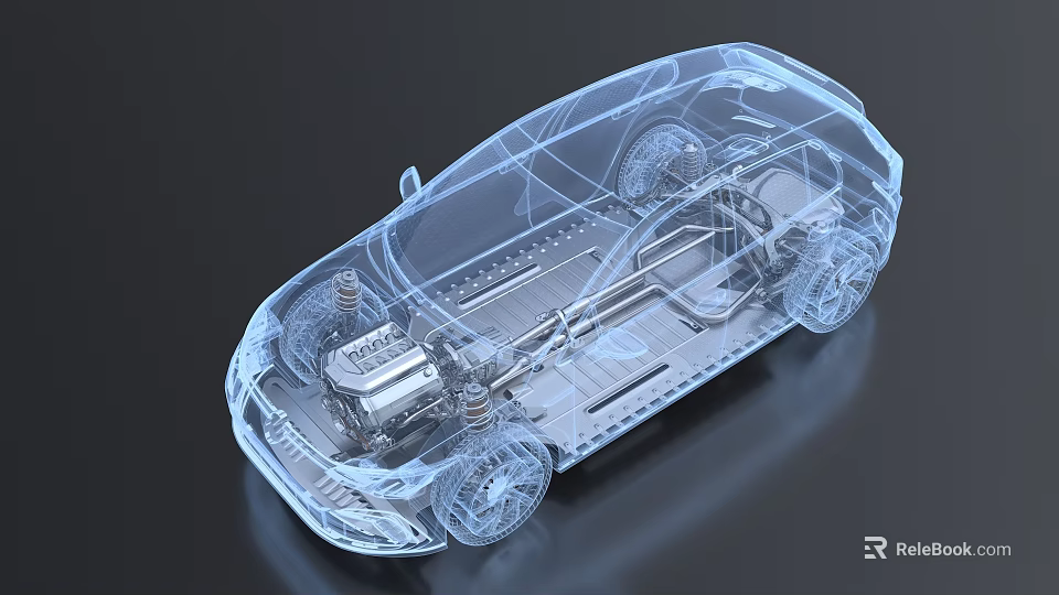 Transparent Car 3D Model Showing Internal Structure Engine Battery And Chassis 3d model 