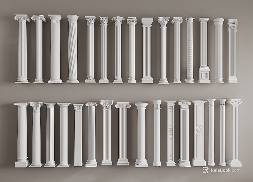 Various White Classical Roman Columns With Different Architectural Decorative Designs 3d model 