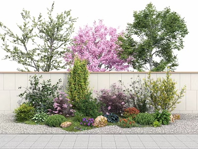 Colorful Flowering Shrubs In Garden With Stone Paving And Decorative Stones 3d model