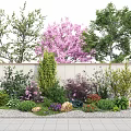 Colorful Flowering Shrubs In Garden With Stone Paving And Decorative Stones