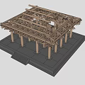 Traditional Wooden Architectural Model With Intricate Roof Beams And Columns Structure