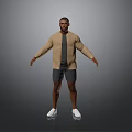 Man Standing In Beige Jacket Gray T-shirt Gray Shorts White Shoes On Gray Background