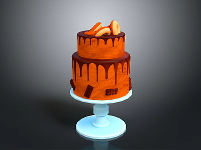 Delicious Two Tier Orange Cake With Chocolate Drizzle And Top Decorations On White Cake Stand 3d model