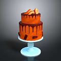 Delicious Two Tier Orange Cake With Chocolate Drizzle And Top Decorations On White Cake Stand