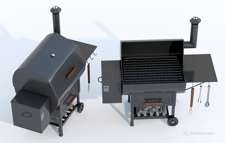 Black Outdoor Grills With Chimney Wheels Grill Grates And Tool Hooks 3d model 