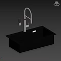 Modern Black Kitchen Sink With Stainless Steel Faucet Water Flowing On White Marble Countertop