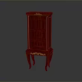 Red Ornate Cabinet With Gold Decorative Details Open Shelves And Carved Legs