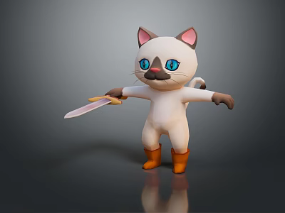 Cute Cartoon Cat Character With Blue Eyes Pink Ears Holding Knife And Brown Boots 3d model