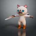 Cute Cartoon Cat Character With Blue Eyes Pink Ears Holding Knife And Brown Boots
