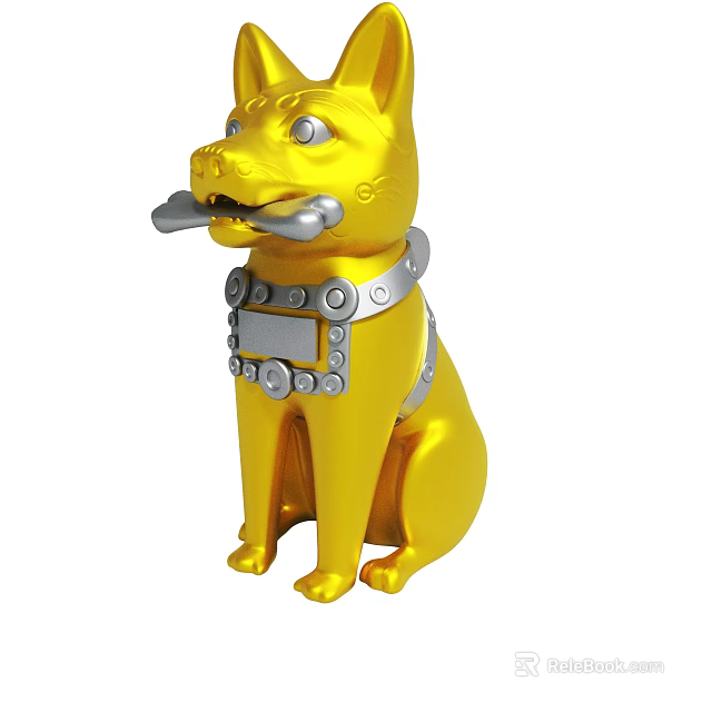 Ornamental Golden Dog Statue With Silver Bone In Mouth And Decorative Collar 3d model 