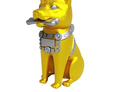 Ornamental Golden Dog Statue With Silver Bone In Mouth And Decorative Collar 3d model