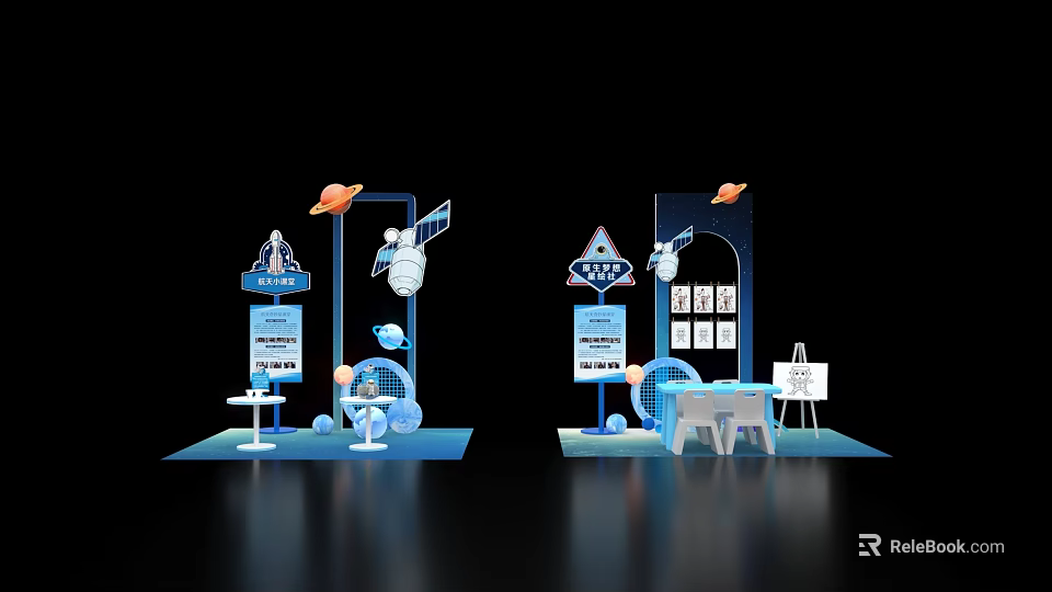Space Themed Exhibition Booth Design With Satellite Models Planets And Display Tables 3d model