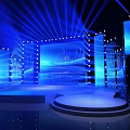 Modern Stage Setup With Blue Lighting Large Screens Platforms And Tech Elements