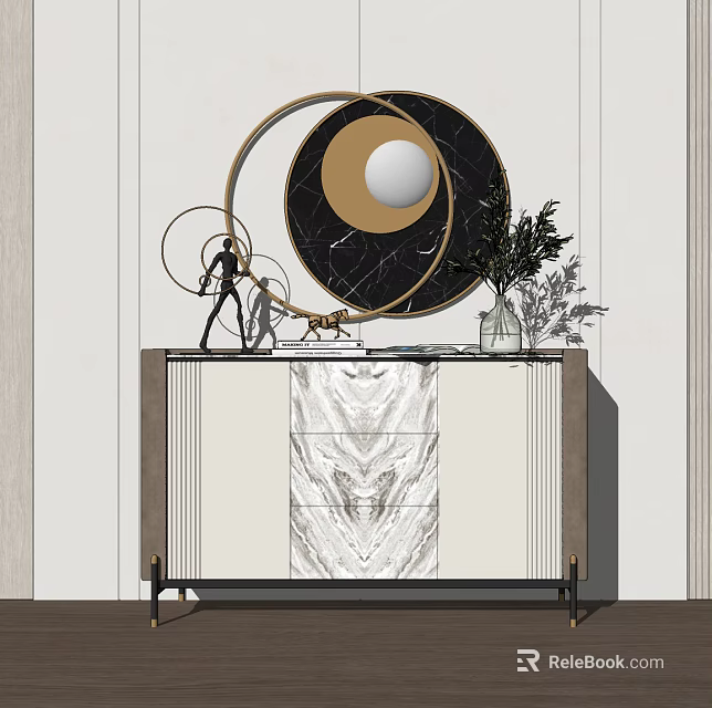 Modern Console Side Cabinet With Marble Pattern Round Mirror And Green Plants 3d model