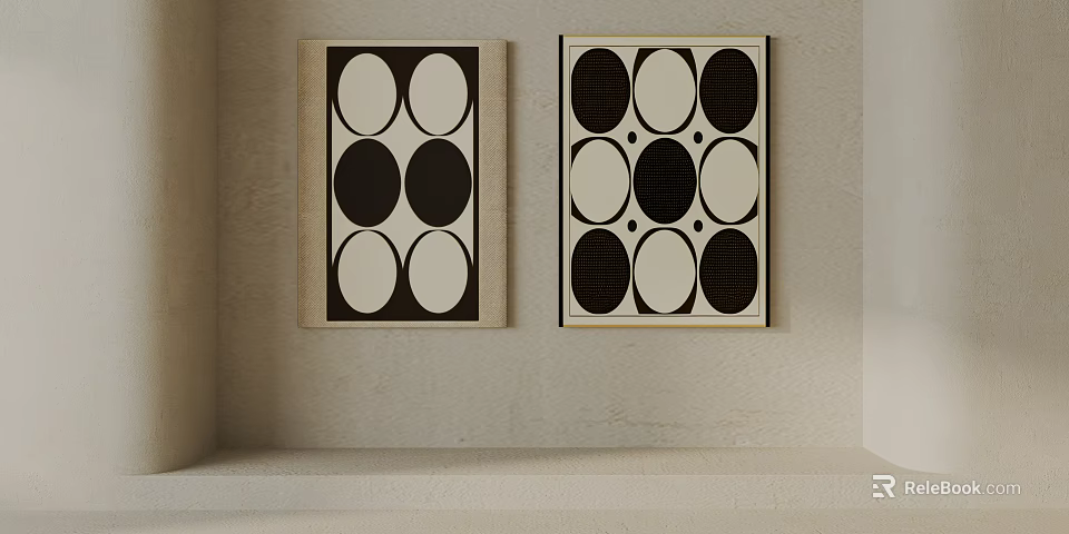 Two Black And White Circular Pattern Decorative Wall Arts On Beige Wall 3d model