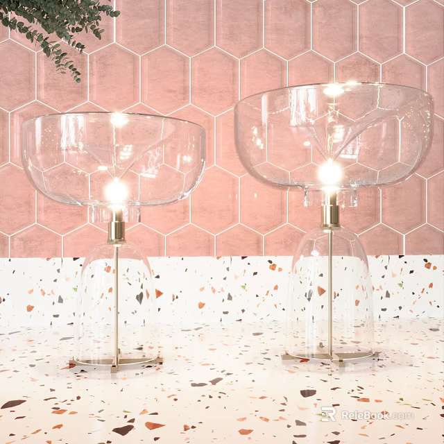 Glass Table Lamps With Golden Base On Colorful Terrazzo Countertop And Pink Hexagonal Tile Wall 3d model 