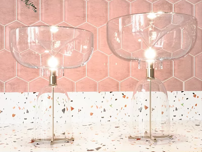 Glass Table Lamps With Golden Base On Colorful Terrazzo Countertop And Pink Hexagonal Tile Wall 3d model