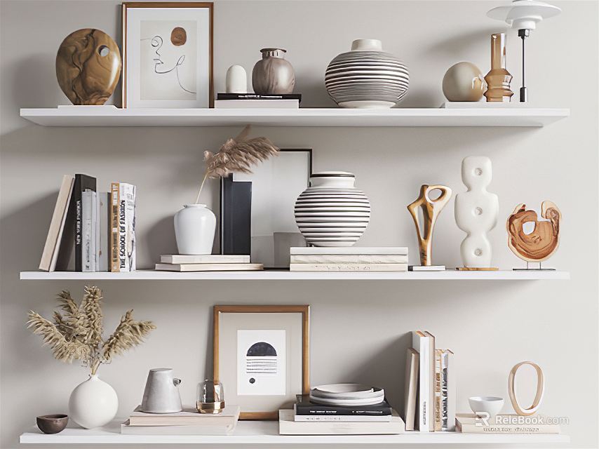 Decorative Ornament Set on Shelves with Vases Sculptures Framed Art Books and Dried Plants 3d model 