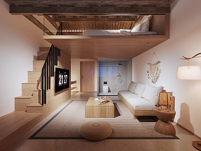 Modern Open Layout Loft Interior With Wooden Stairs Sofa Coffee Table And Woven Decor 3d model