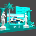 Turquoise Themed Floral Installation With Columns Statues And Coastal Decor