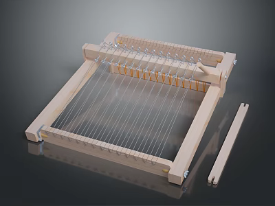 Wooden Weaving Loom With Metal Strings And Craft Tool Accessories 3d model