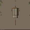 Traditional Hanging Chinese Lantern With Wooden Frame Paper Shade Tassels And Bamboo Near Beige Wall
