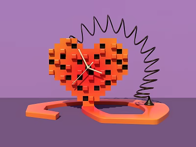 Pixel Art Heart Shaped Clock With Orange Design Black Spring And Purple Background 3d model