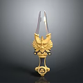 Golden Ornate Weapon With Phoenix Carving Detailed Blade And Intricate Handle