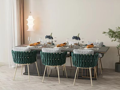 Modern Dining Table Set With Green Woven Chairs Tableware Wine Glasses And Pendant Light 3d model