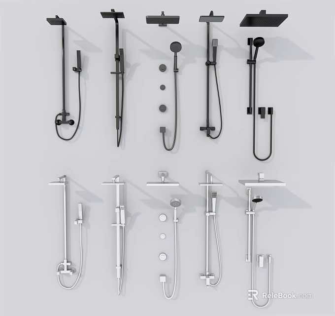 Modern Shower Head Collection Featuring Various Black Silver Designs And Handheld Sprayers 3d model