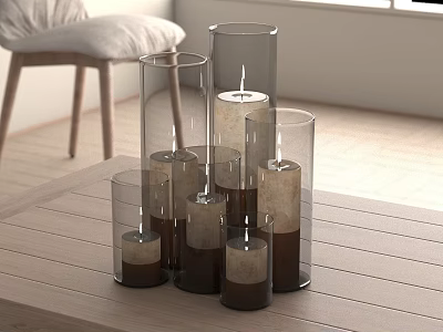 Transparent Glass Candle Holders With Candles On Wooden Table Near Chair And Window 3d model