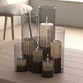 Transparent Glass Candle Holders With Candles On Wooden Table Near Chair And Window