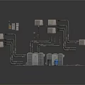 Industrial Equipment Setup With Pipes Square Devices Cylindrical Units Blue Barrel And Gray Mats