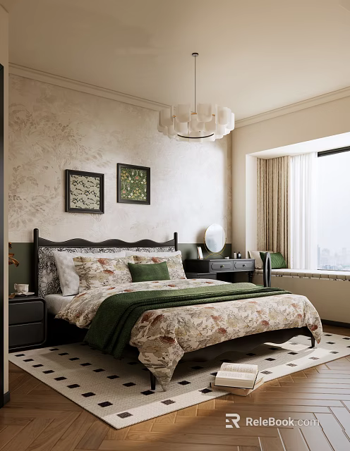 Elegant Bedroom Interior With Patterned Wallpaper Chandelier Decorative Paintings Green Throw And City View 3d model 