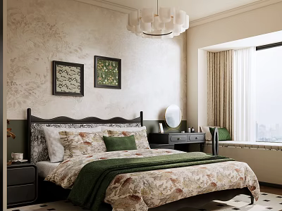 Elegant Bedroom Interior With Patterned Wallpaper Chandelier Decorative Paintings Green Throw And City View 3d model
