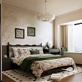 Elegant Bedroom Interior With Patterned Wallpaper Chandelier Decorative Paintings Green Throw And City View