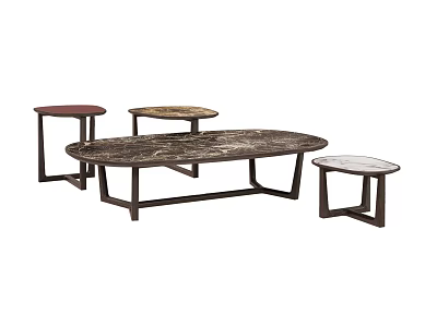 Modern Oval and Round Coffee Table Set with Marble Top and Black Metal Frame 3d model