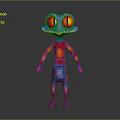 Vibrant Fantasy Creature Character With Blue Patterned Body Red Shirt And Large Red Eyes