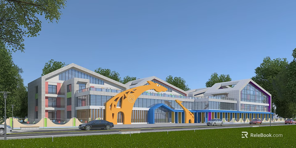 Modern Colorful School Building With Arched Entrance Glass Curtain Walls Front Lawn And Parked Cars 3d model 